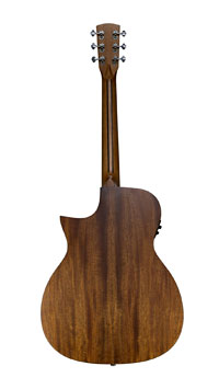 Shape O-313-MT CEB, satin finished acoustic guitar in OM shape with solid spruce top and mahogany back and sides, with pickup, cutaway and arm bevel, back view