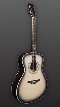 You&grave;s, gray burst finished Acoustic Guitar in OM shape with solid spruce top and rosewood on back and sides, with pickup